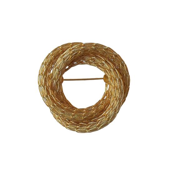 1960s Kramer of NY Gold Plated Intertwined Wire Work Circle Geometric Pin Brooch - Picture 1 of 3